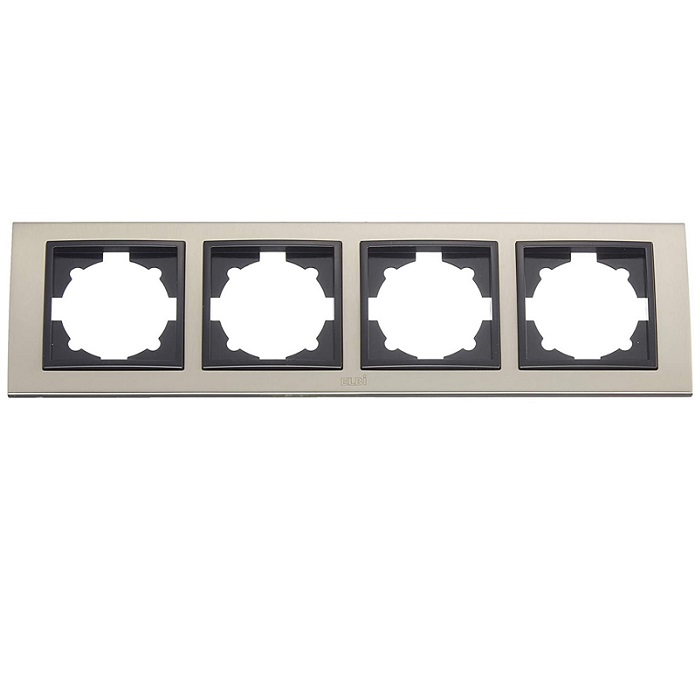 Ramă cvadruplă orizontală ELBI Zena Platin culoare inox negru, compatibilă cu module de întrerupătoare și prize, montaj ușor cu cleme.