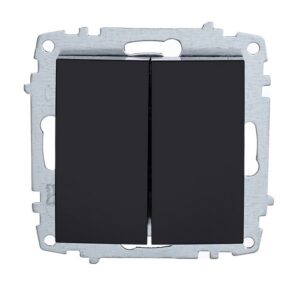 Întrerupător dublu ELBI Zena Platin negru, 250V, 10A. Compatibil cu ramele seriei Zena Platin ideal pentru controlul luminilor în spații moderne.