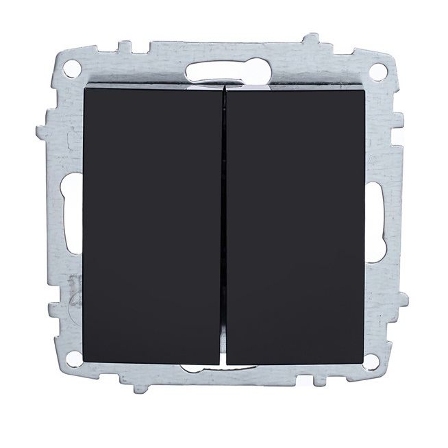 Întrerupător dublu ELBI Zena Platin negru, 250V, 10A. Compatibil cu ramele seriei Zena Platin ideal pentru controlul luminilor în spații moderne.