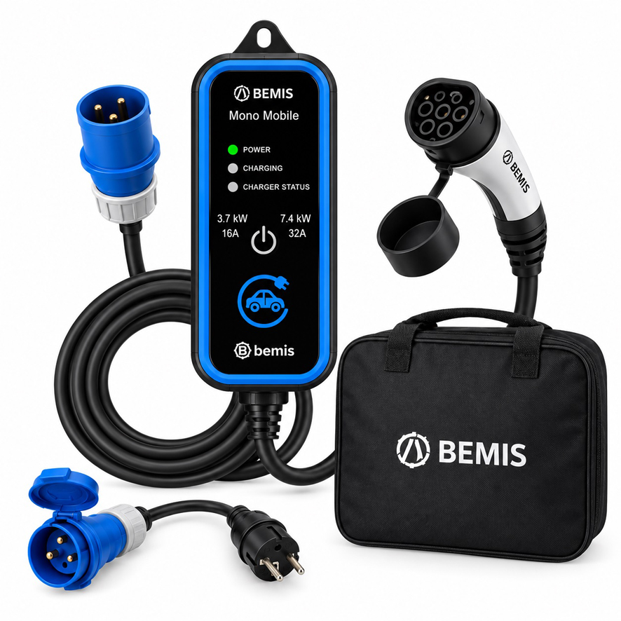Încărcător portabil pentru vehicule electrice Bemis Mono Mobile, monofazat, cablu 5 metri, 7.4 kW, 16A-32A, cu geantă și adaptor