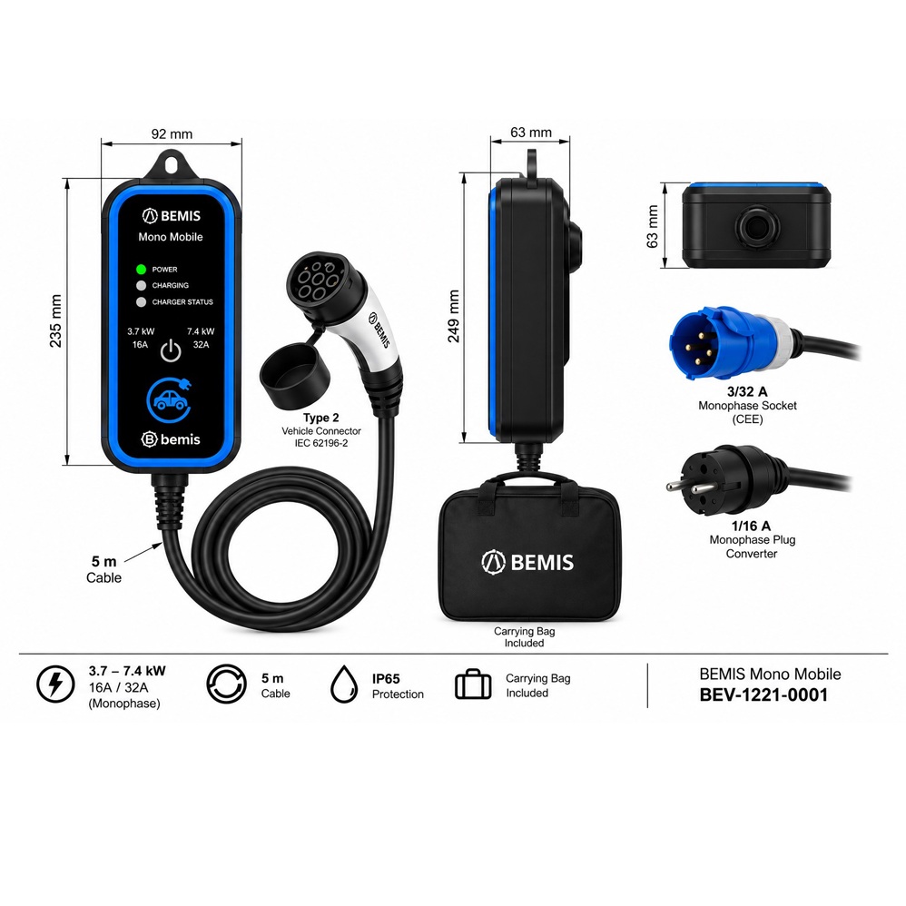 Încărcător portabil pentru vehicule electrice Bemis Mono Mobile, monofazat, cablu 5 metri, 7.4 kW, 16A-32A