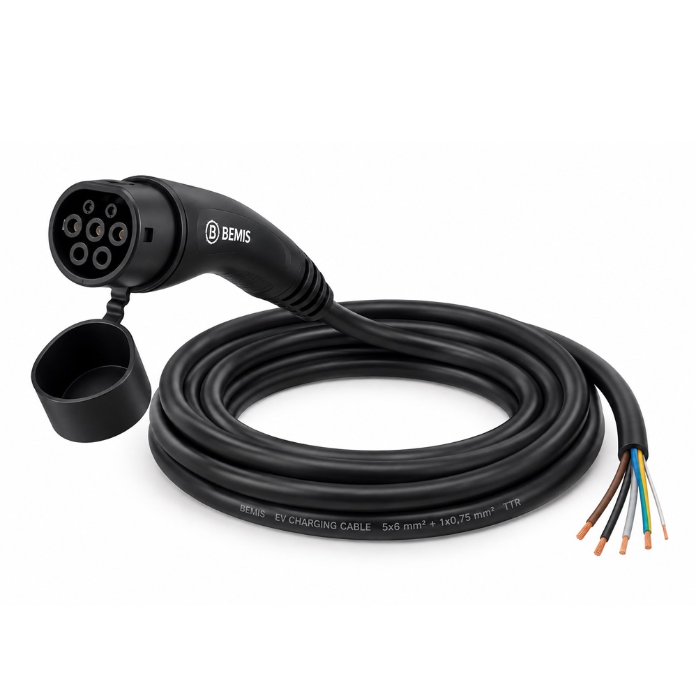 Cablu de încărcare pentru vehicule electrice Bemis Type 2, 32A, 22kW, trifazat, 5x6 mm², cu capete libere