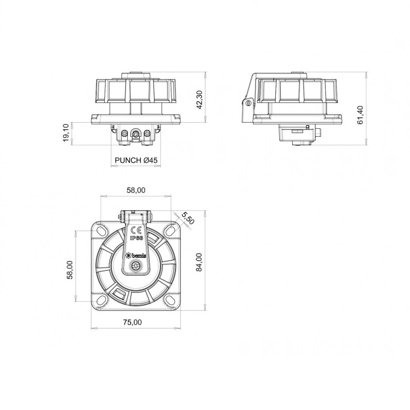 Dimensuini Priză industrială Bemis 2P+E 16A 250V IP68 pentru montaj pe panou, cu capac și carcasă din poliamidă rezistentă