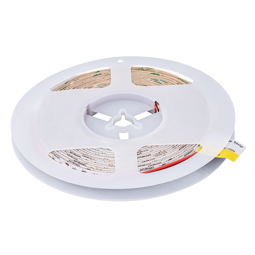 Bandă LED profesională Ultralux Dim-to-Warm, 12W/m, 1800K–3000K, 24V DC, SMD2216, 280 LED/m, IP20, rolă de 5 m